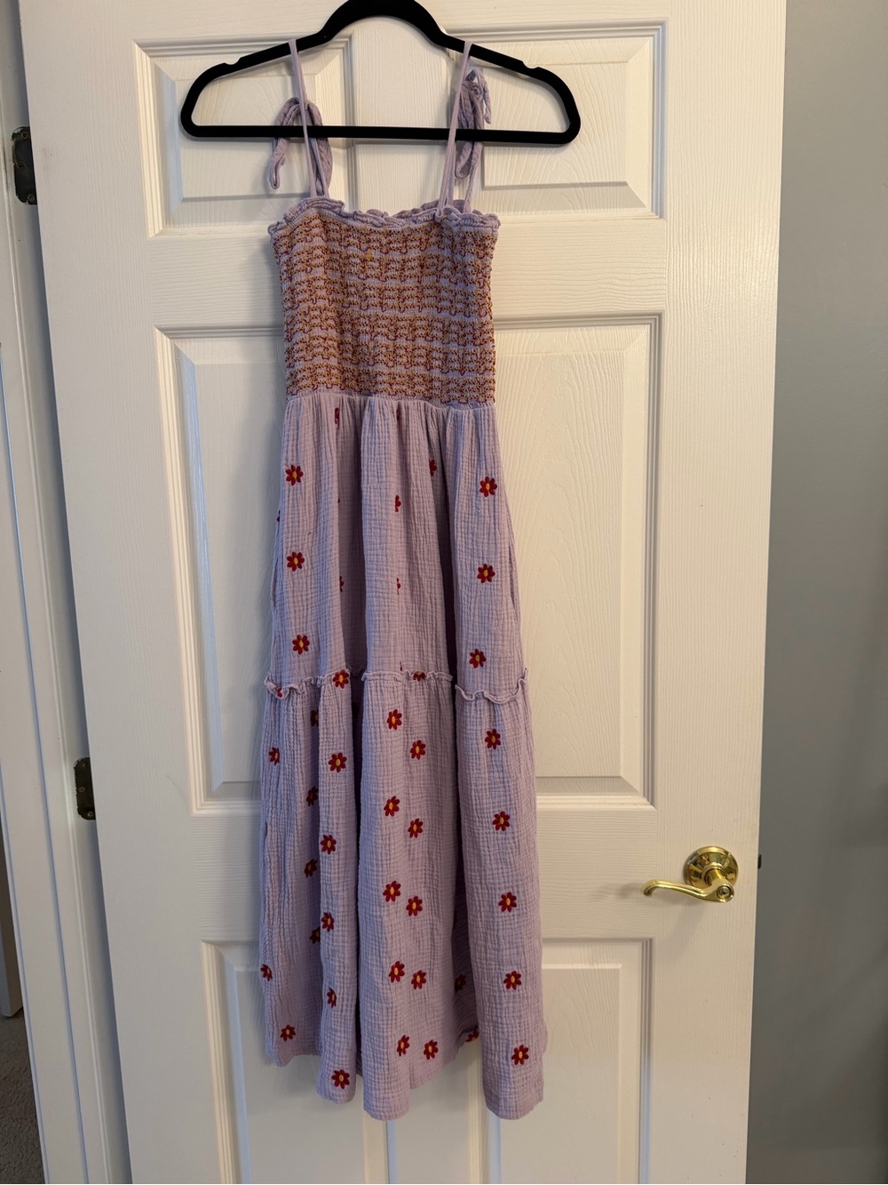 Lilac Smocked Tiered Maxi Dress with Red Daisy Embroidery - Kids